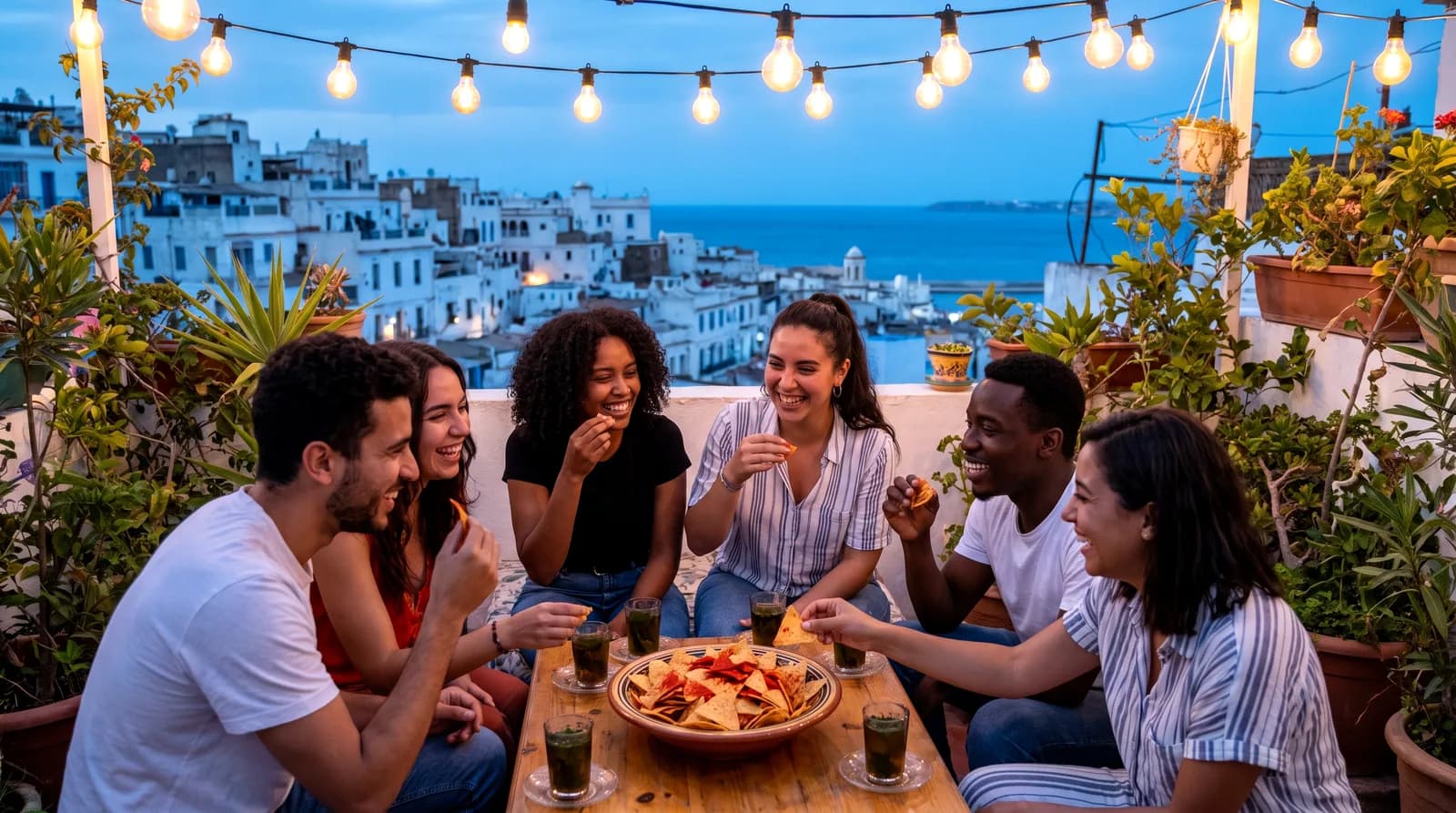 Sur une terrasse d’Alger à la tombée du jour, sous une guirlande d’ampoules, des amis rient autour d’une table basse : un grand bol de chips triangulaires rouges et des verres de thé à la menthe, les toits blancs et la mer derrière eux.