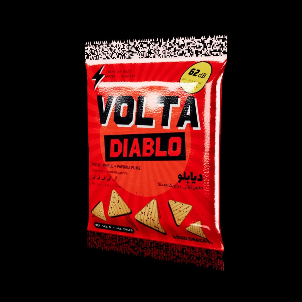 Le sachet VOLTA DIABLO en 3D, qu’on peut faire tourner et froisser.
