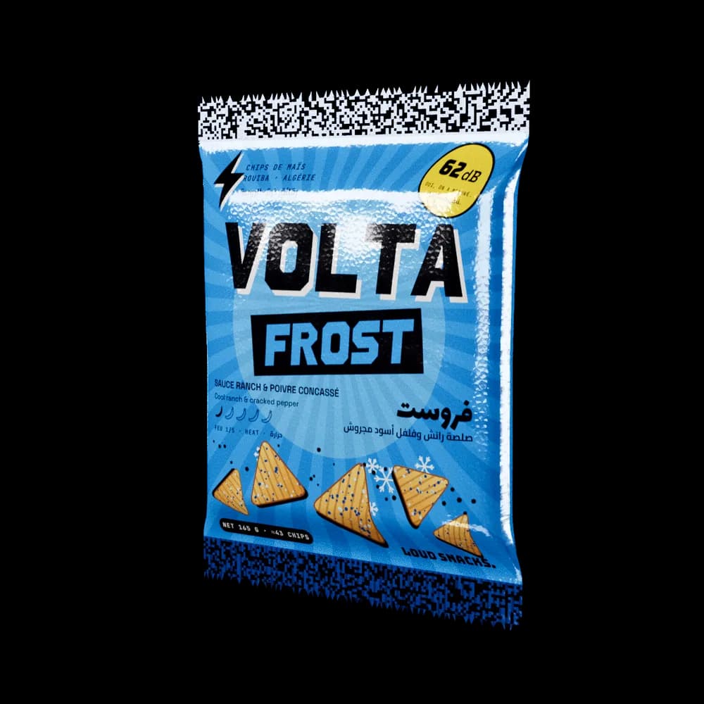 Le sachet VOLTA FROST en 3D, qu’on peut faire tourner et froisser.