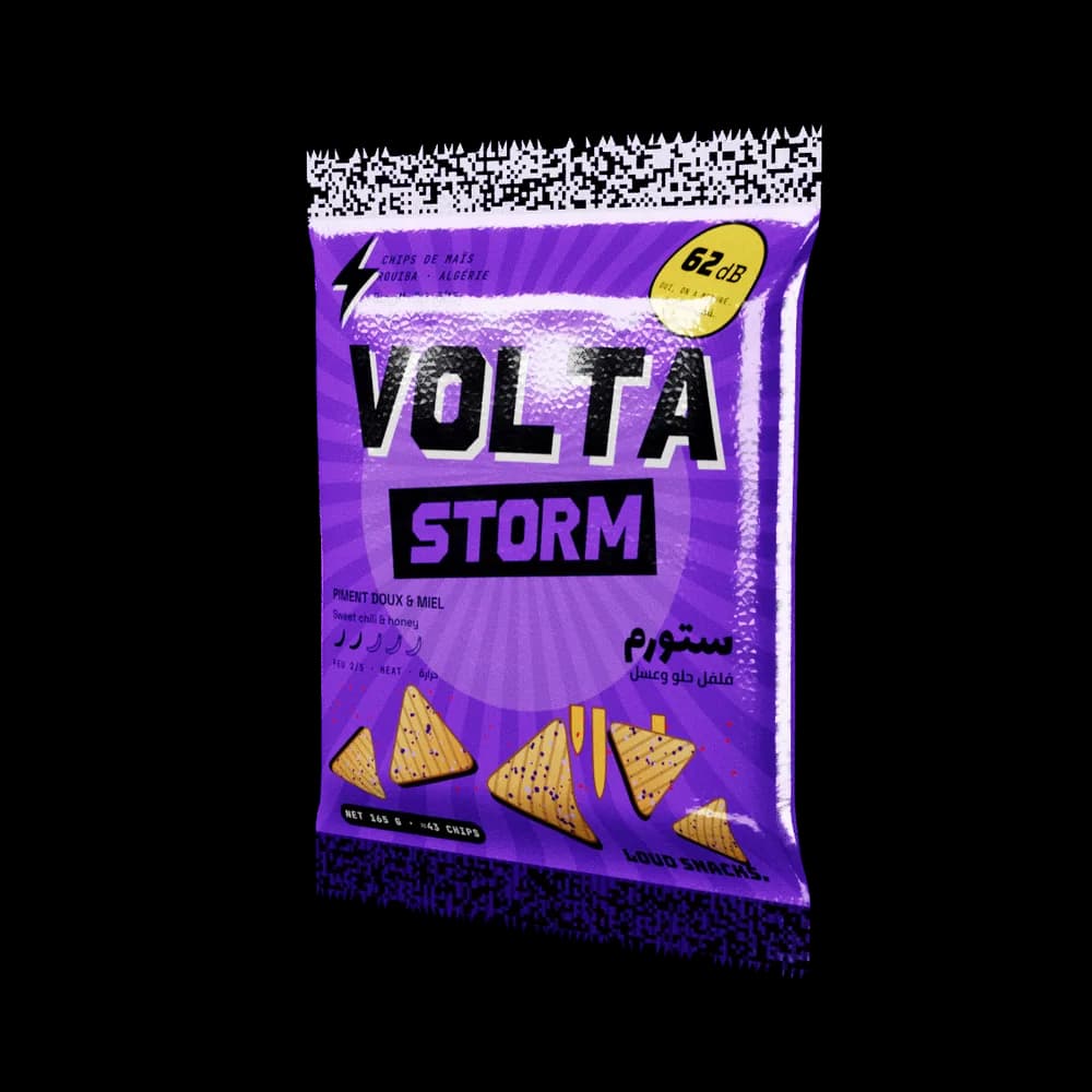 Le sachet VOLTA STORM en 3D, qu’on peut faire tourner et froisser.