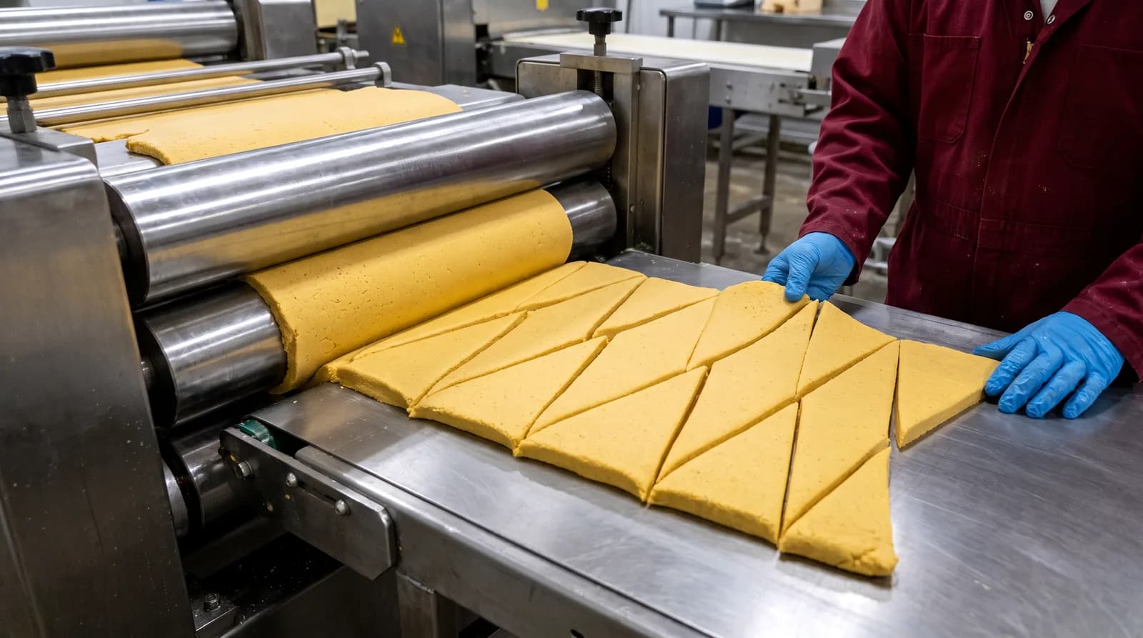 La pâte de maïs passe entre des rouleaux d’acier et ressort en triangles sur un tapis ; des mains gantées ajustent la feuille.