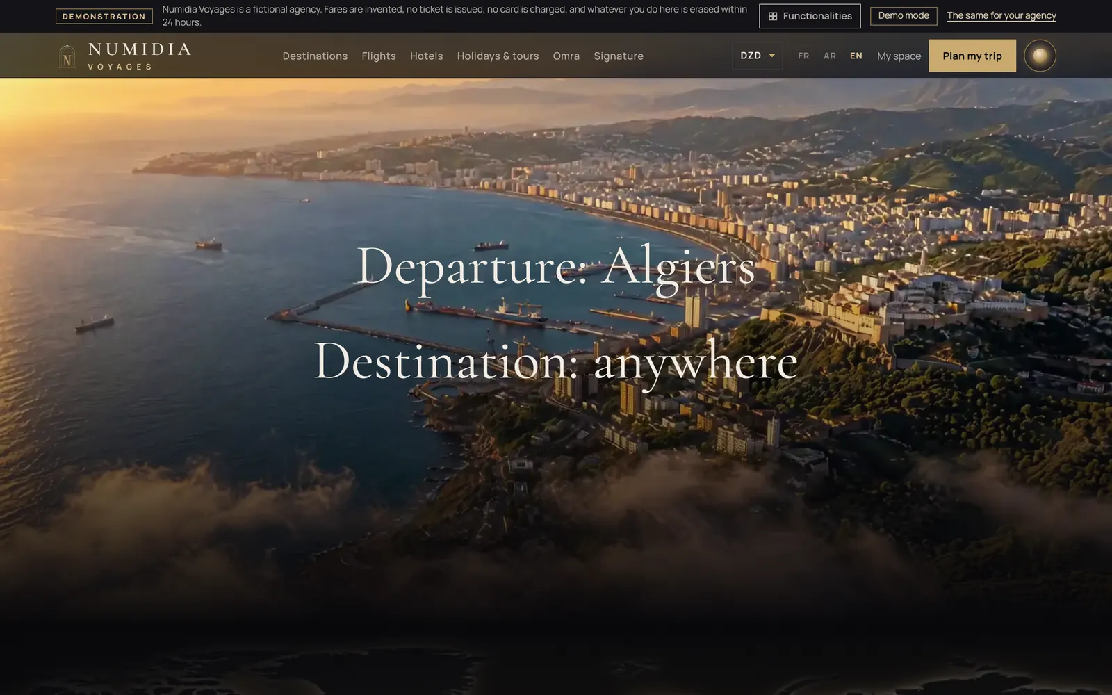 Aerial view of the Bay of Algiers at sunset, with the words “Departure: Algiers, Destination: anywhere” under the agency’s menu.