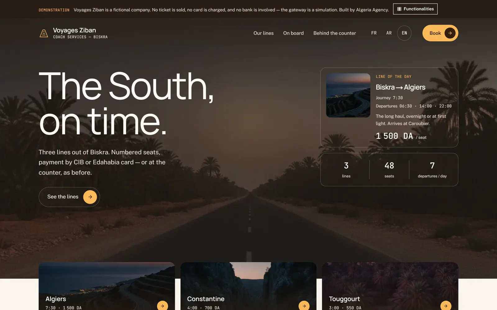 Voyages Ziban homepage with a coach in the desert, the line of the day and its fare per seat.