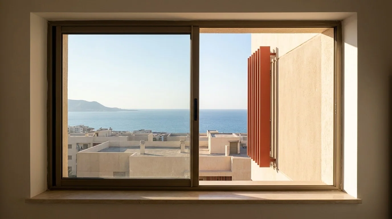 Vue sur la mer depuis un appartement des étages intermédiaires de la résidence