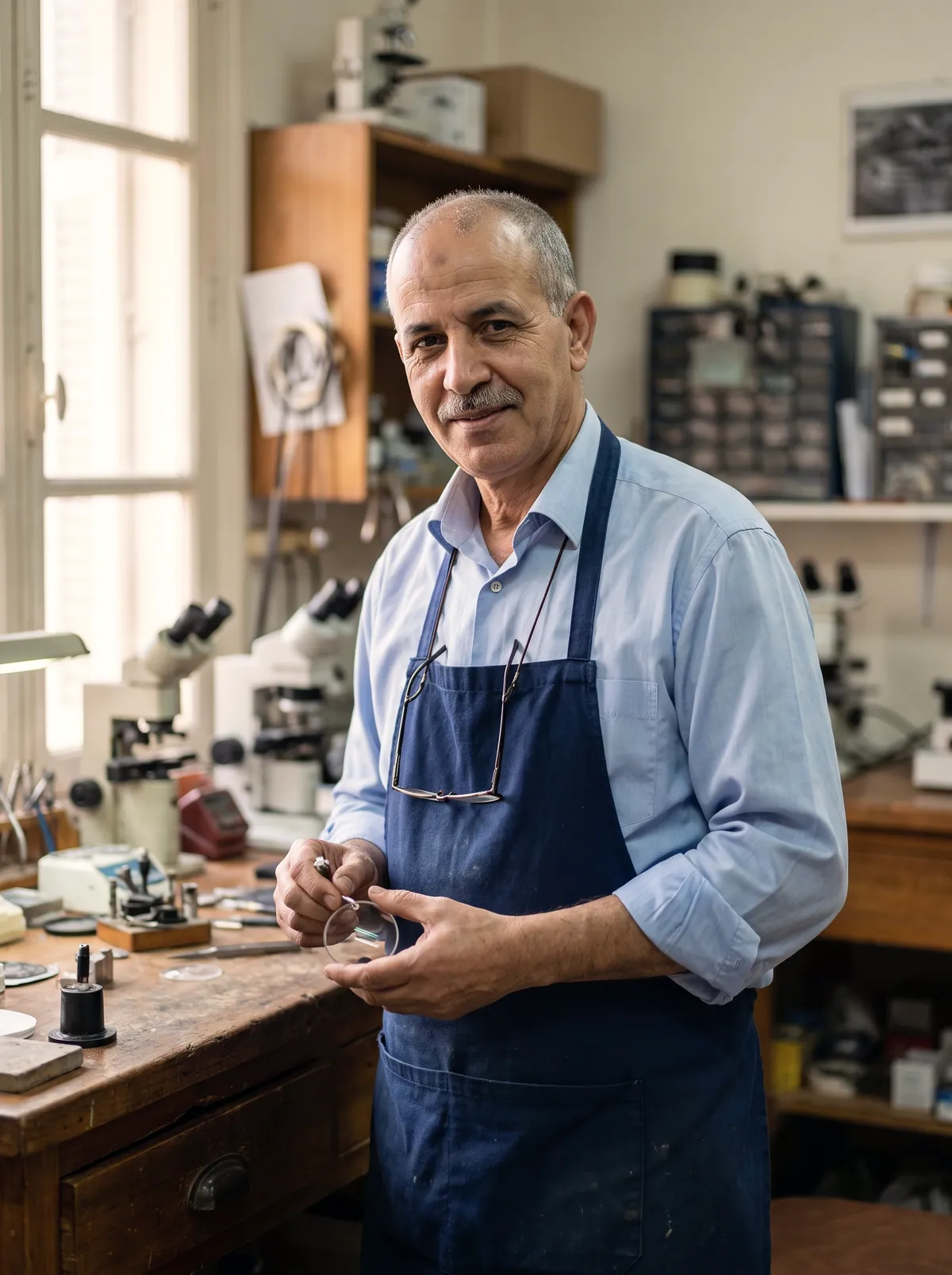 Un monteur aux cheveux gris et à la moustache grise, en tablier bleu marine, devant un établi garni d’outils et de palets de verre.
