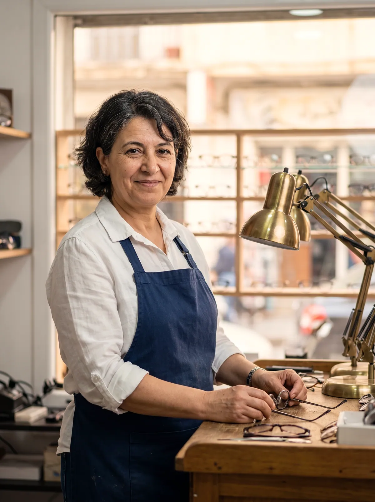 Une opticienne d’une quarantaine d’années, chemise blanche et tablier bleu marine, debout devant l’établi de bois sous la lampe de travail.
