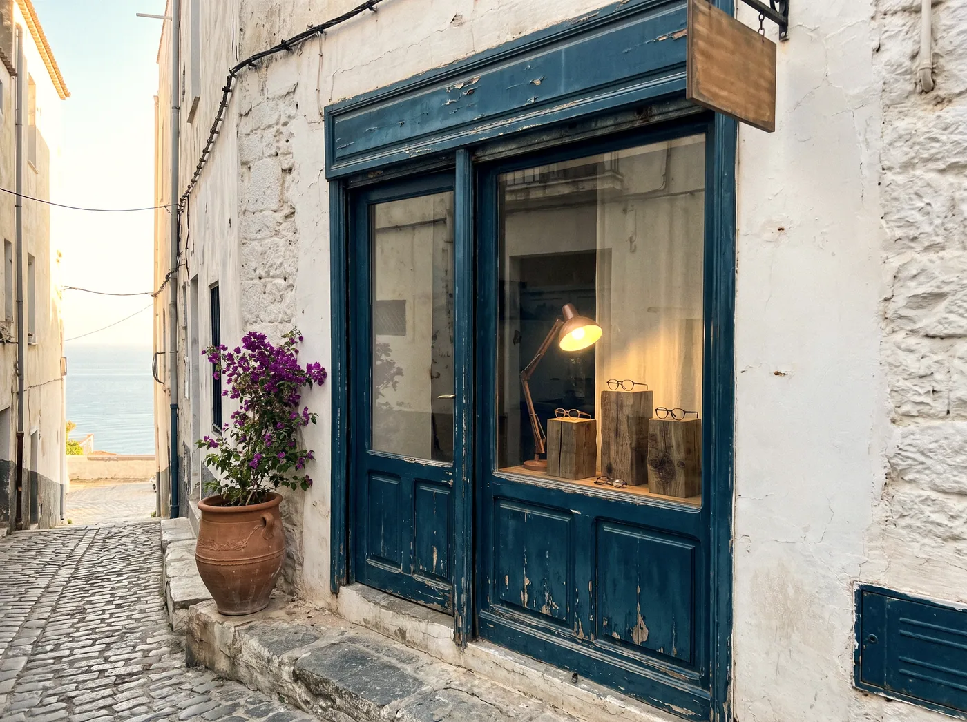 La devanture de la boutique dans la vieille ville : une façade blanchie à la chaux, une porte et une vitrine peintes en bleu, quelques montures sur des présentoirs de bois.