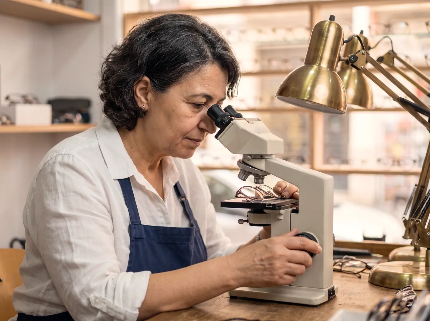 L'opticienne lit un verre à l'appareil de mesure, l'œil à l'oculaire
