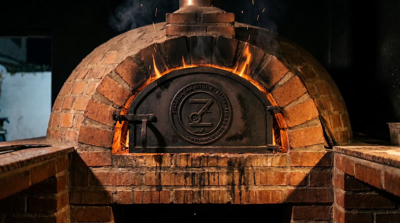 La porte en fonte du four, le logo forgé en relief, la braise qui passe par les joints.