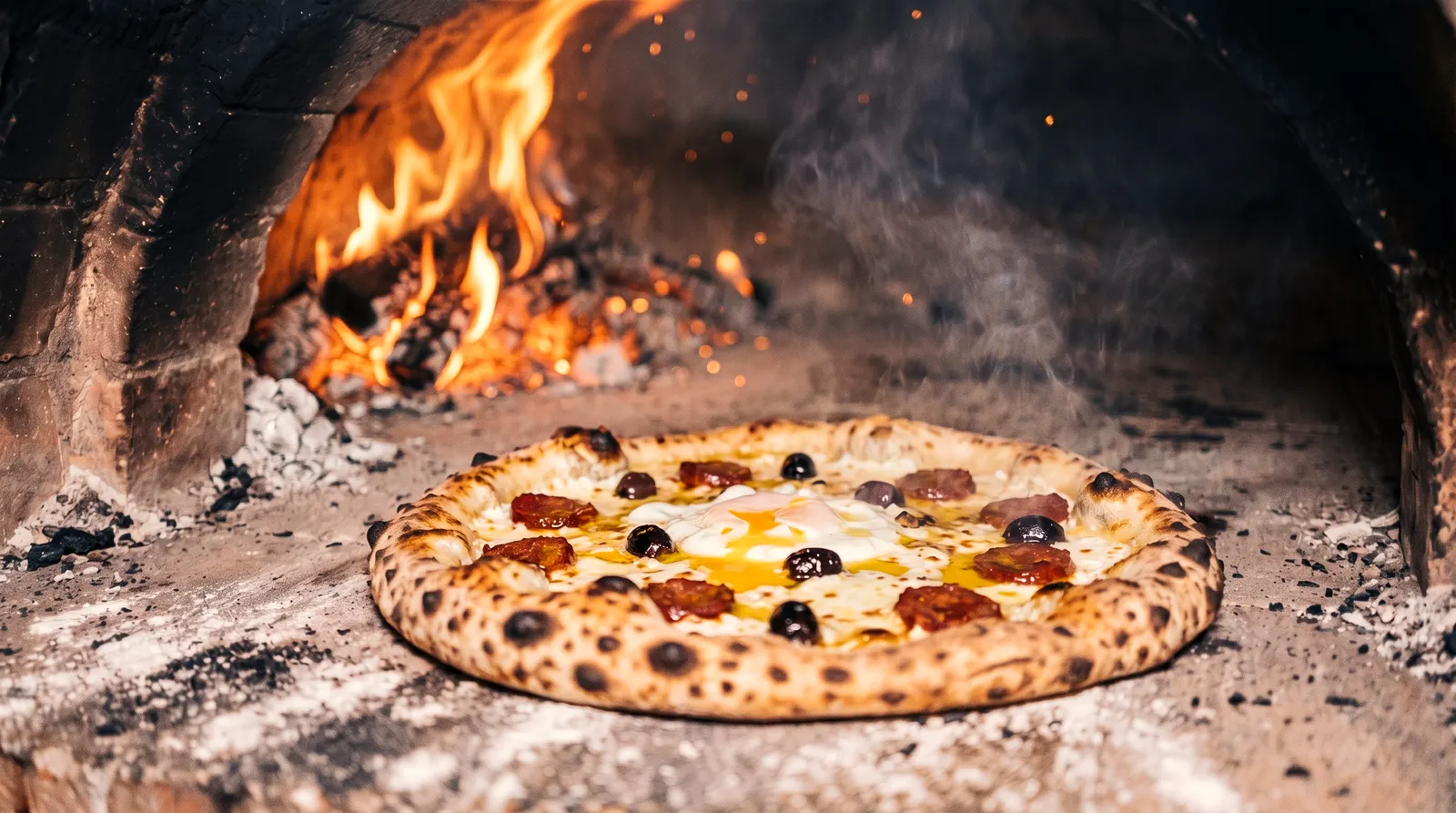 Une pizza Dar Zitoun dans le four, le bord tacheté de cloques noires, le feu de bois sur le côté