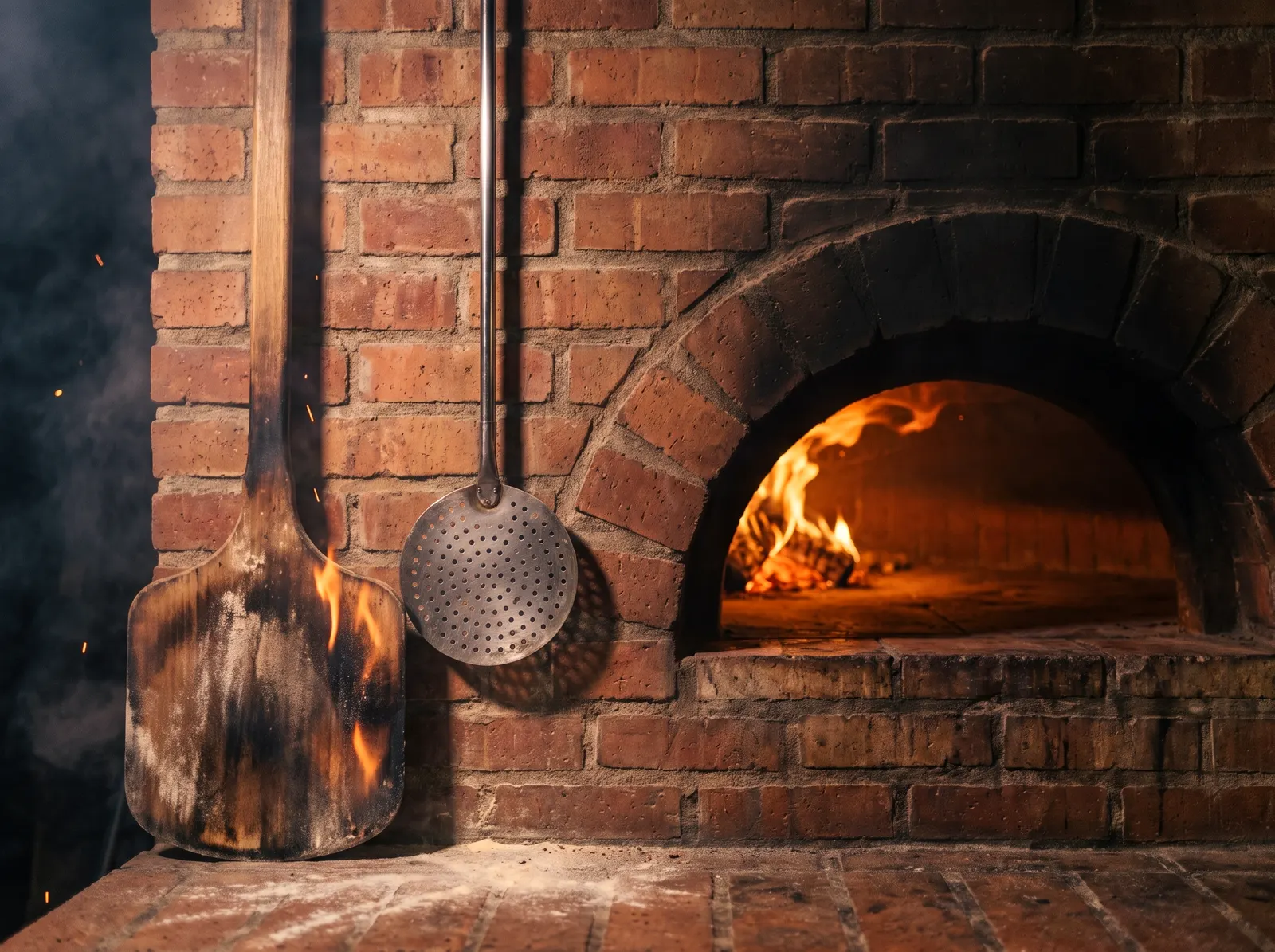 Les pelles à pizza accrochées à côté de la bouche du four