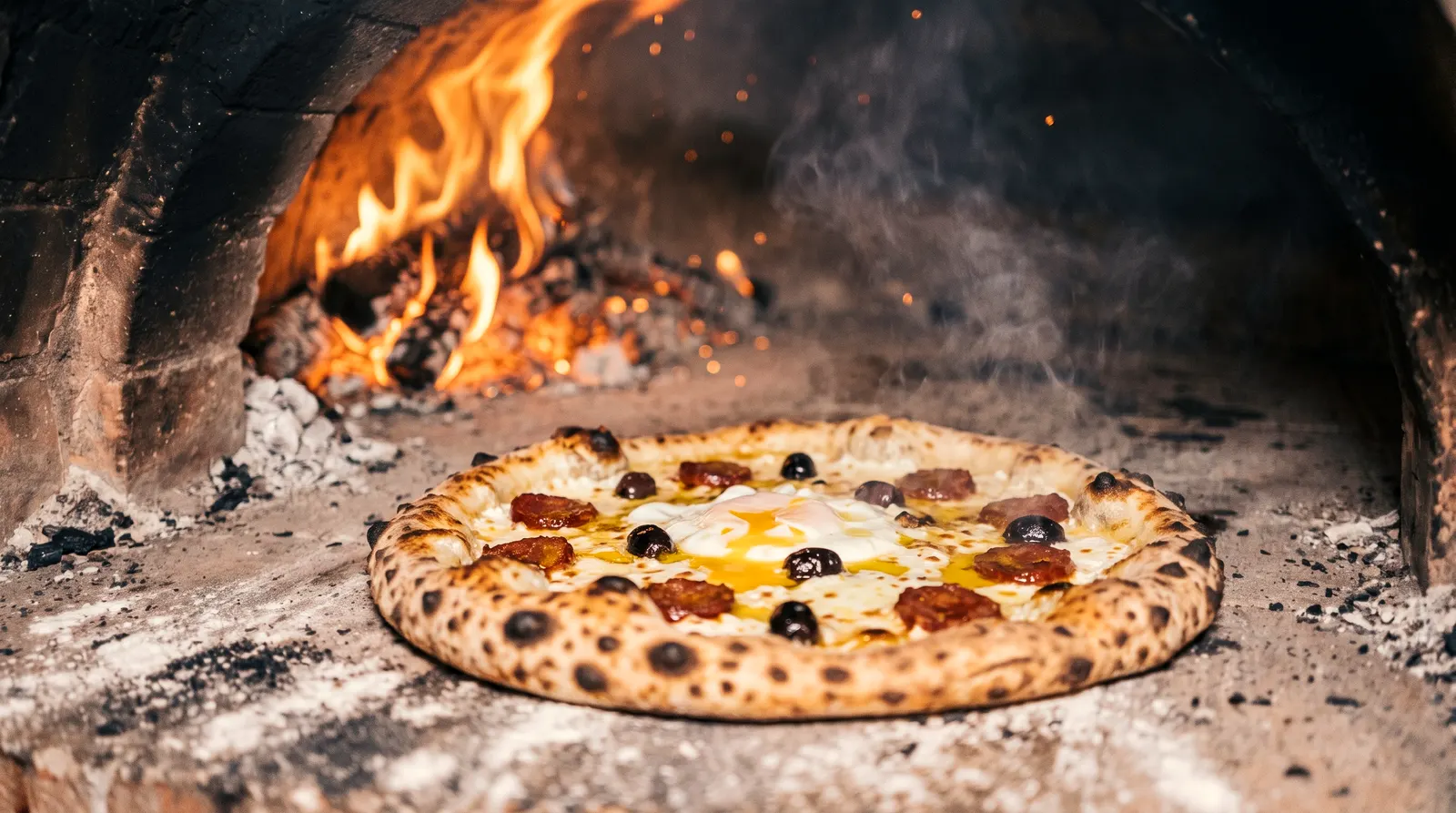 Une pizza sur la pierre du four, le feu juste derrière