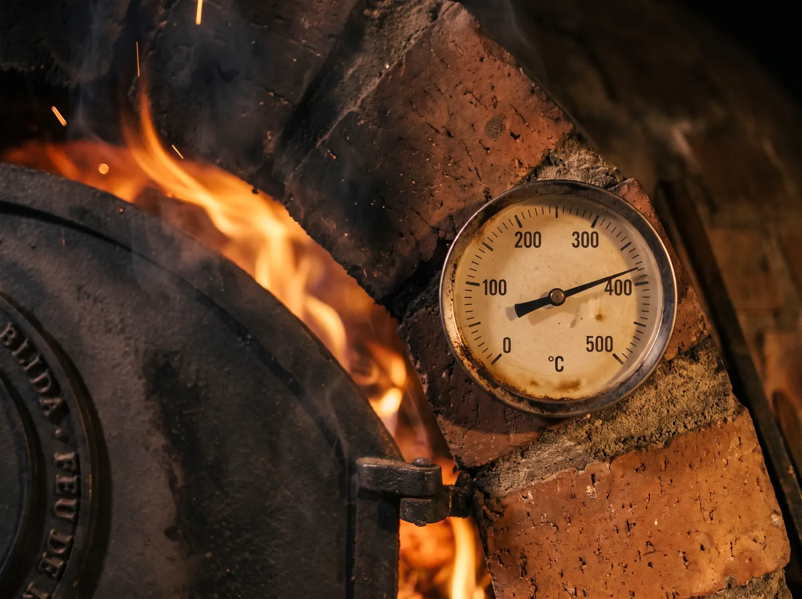 Le thermomètre du four, l’aiguille près de quatre cents degrés