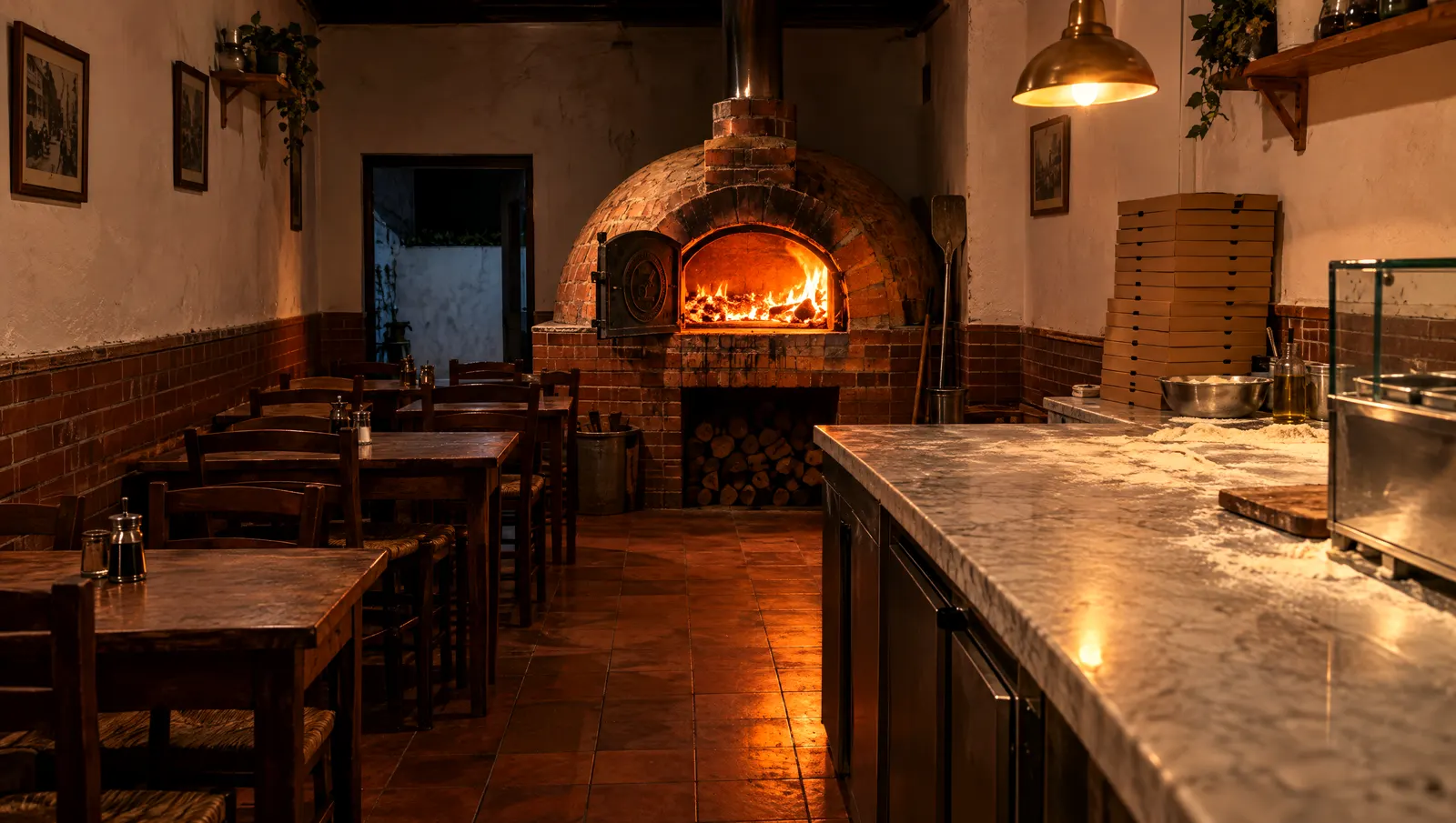 La salle le soir : le four à coupole en briques, le feu allumé et le bois rangé dessous, un comptoir en marbre fariné, une pile de boîtes à pizza et des tables en bois le long du mur.