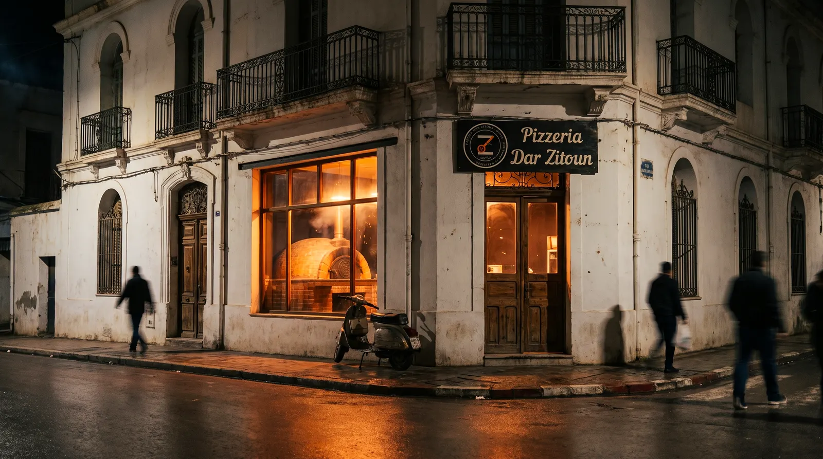 La devanture de la pizzeria la nuit, l’enseigne peinte éclairée par le four.