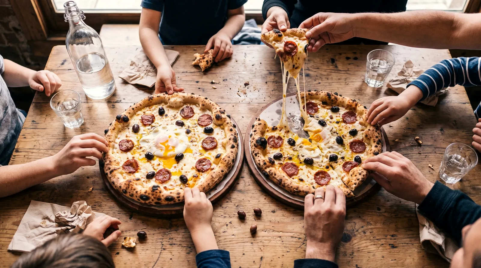 Une famille autour de deux pizzas géantes, une bouteille sur la table