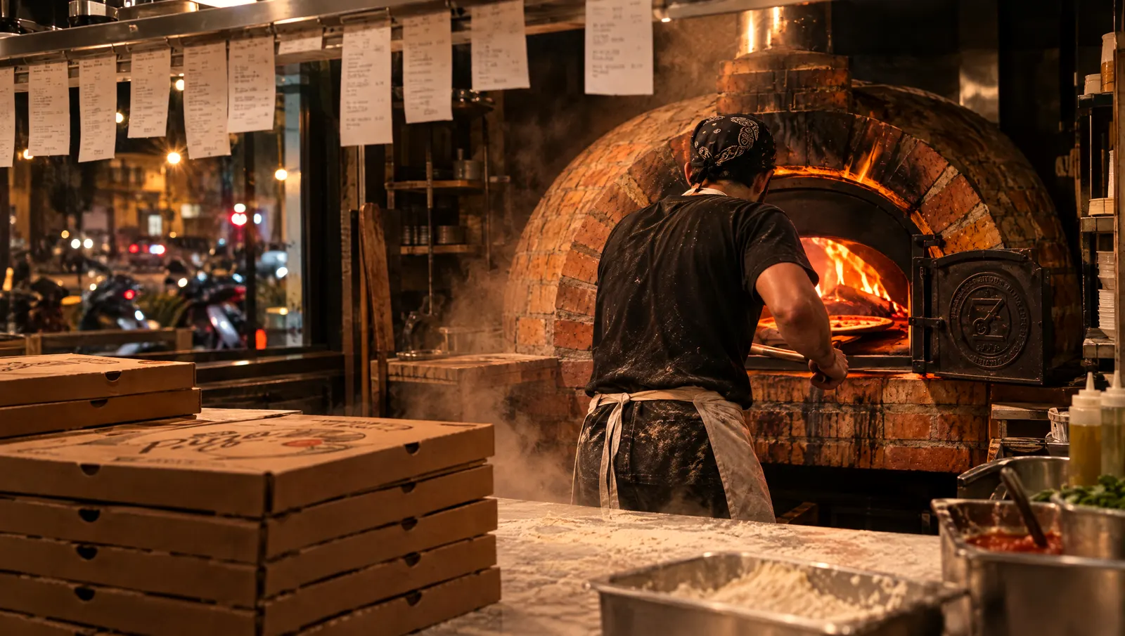 Le pizzaiolo devant le four un vendredi soir, les tickets accrochés au-dessus, les boîtes empilées