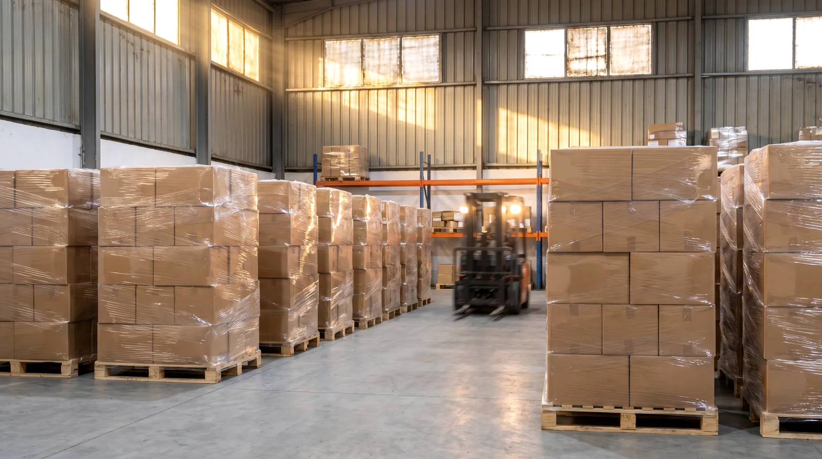 Palettes de cartons VOLTA filmées dans un entrepôt.