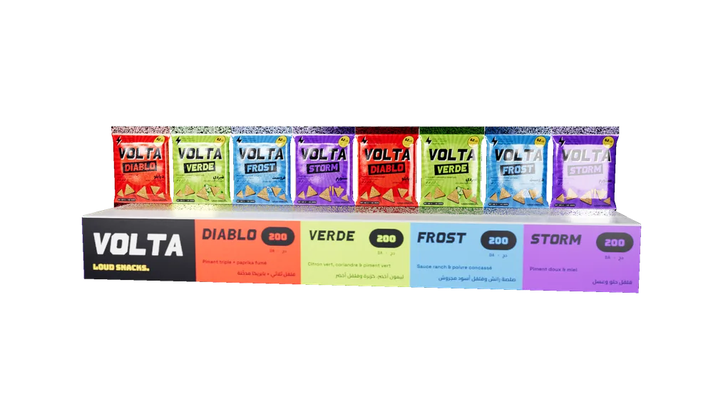 Stop-rayon VOLTA avec huit sachets alignés au-dessus des quatre parfums et de leur prix.