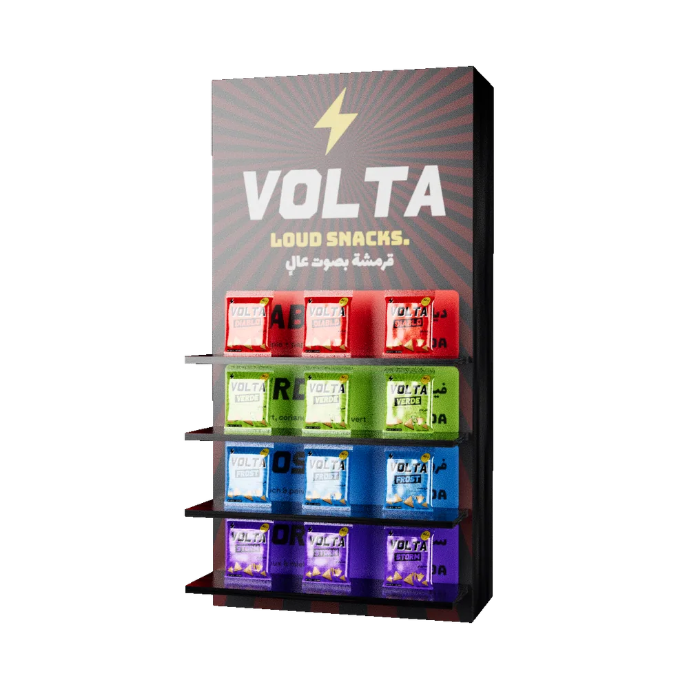 Présentoir de sol VOLTA, quatre étages de sachets DIABLO, VERDE, FROST et STORM sous le logo.