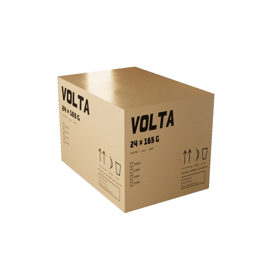 Carton VOLTA fermé, imprimé aux quatre parfums.